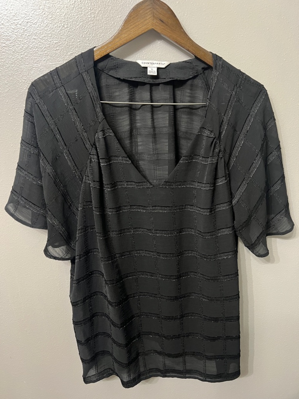 Black Sheer V-Neck Flutter Sleeve Blouse with Textured Stripes XL